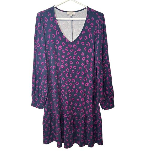 LOFT Long Sleeve Knee Length‎ Swing Dress Medium Navy Pink Animal Print Ruffle - Picture 1 of 8